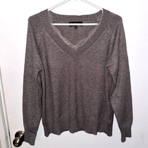 En Saison Grey V-Neck Oversized Sweater Lace Trim Size XS
